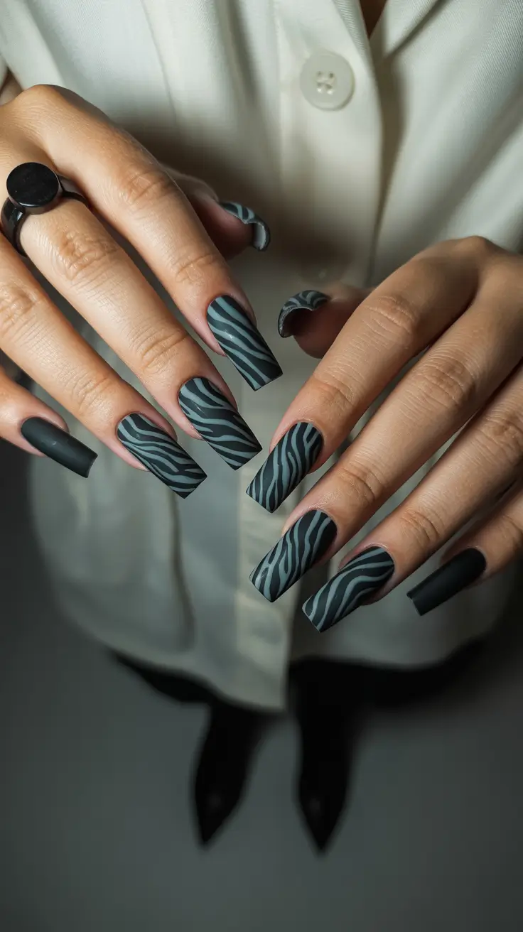 black nails ideas Matte Black with Smoky Linear Pattern