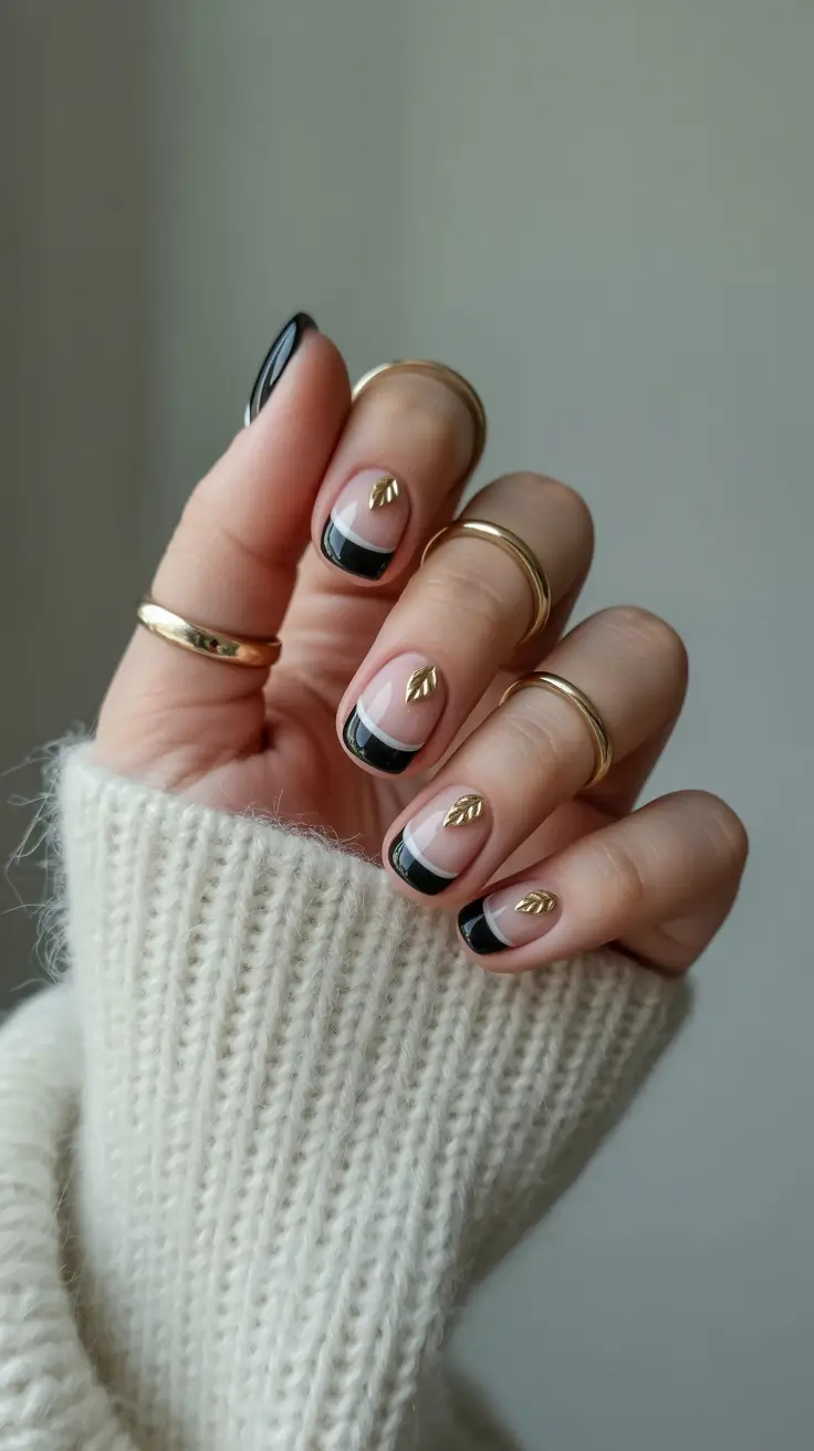 black nails ideas Short Black French with Gold Leaf Details