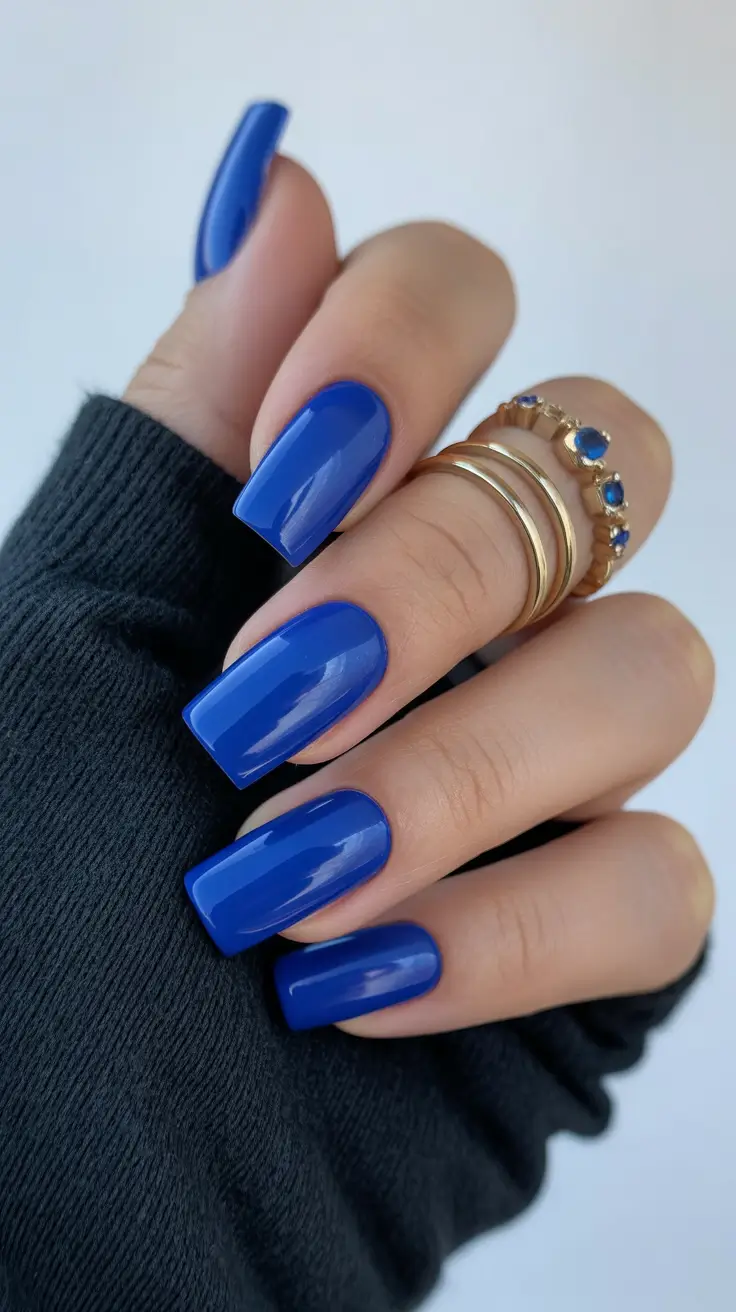 blue nails trend 2026 Classic Cobalt Squares With Summer Gloss