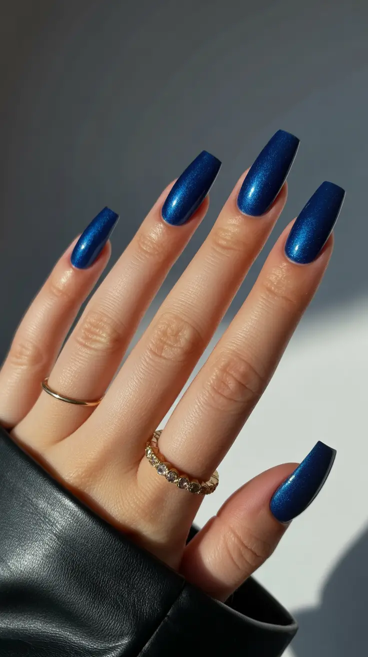 blue nails trend 2026 Deep Midnight Shimmer Coffin Shape