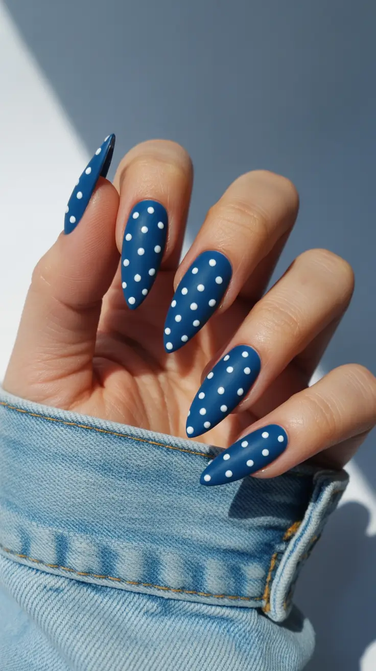 blue nails trend 2026 Matte Navy Polka Dots for Playful Chic