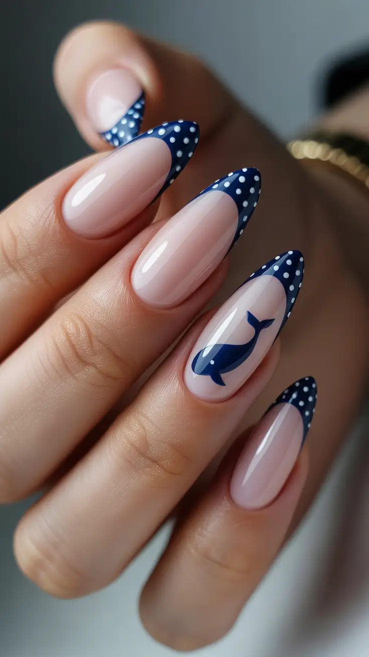 blue nails trend 2026 Nautical French Tips With Whimsical Detail