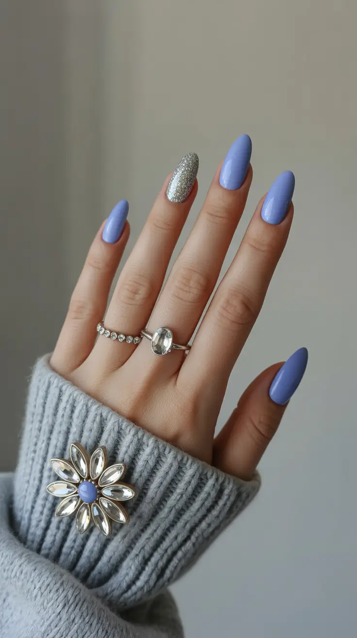 blue nails trend 2026 Soft Lavender-Blue With Silver Sparkle Accent