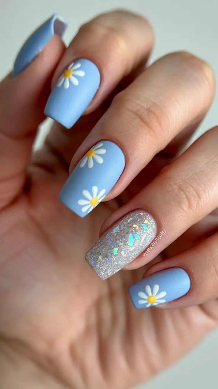 blue nails trend 2026 Matte Baby-Blue Daisies With Glitter Accent