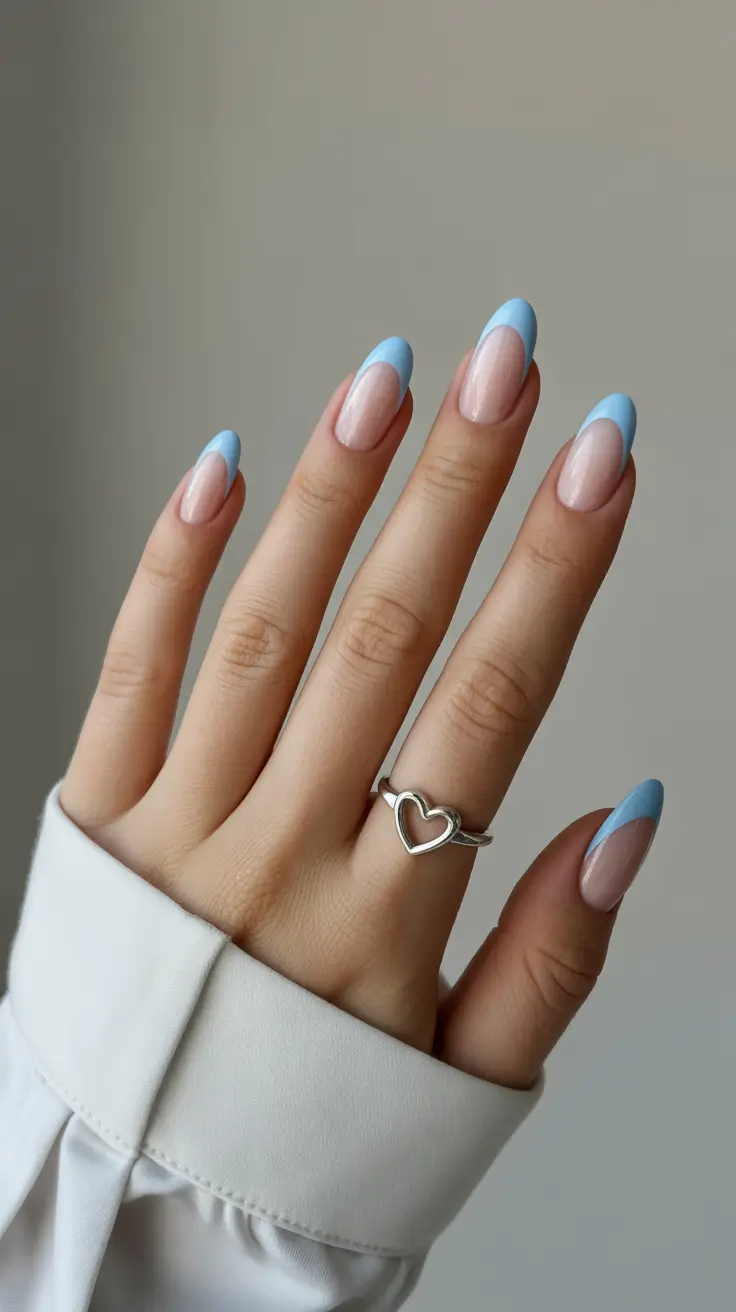 blue nails trend 2026 Soft Sky-Blue Asymmetrical French