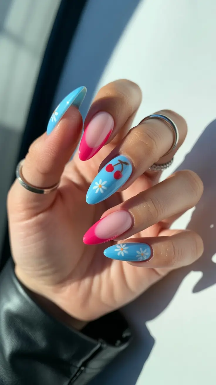 blue nails trend 2026 Cherry Blossom Pop With Bright Blue