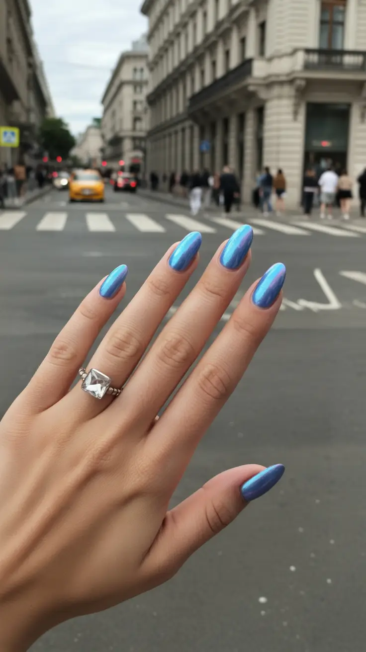Blue nails trend 2026 Bright Chrome Blue Shine