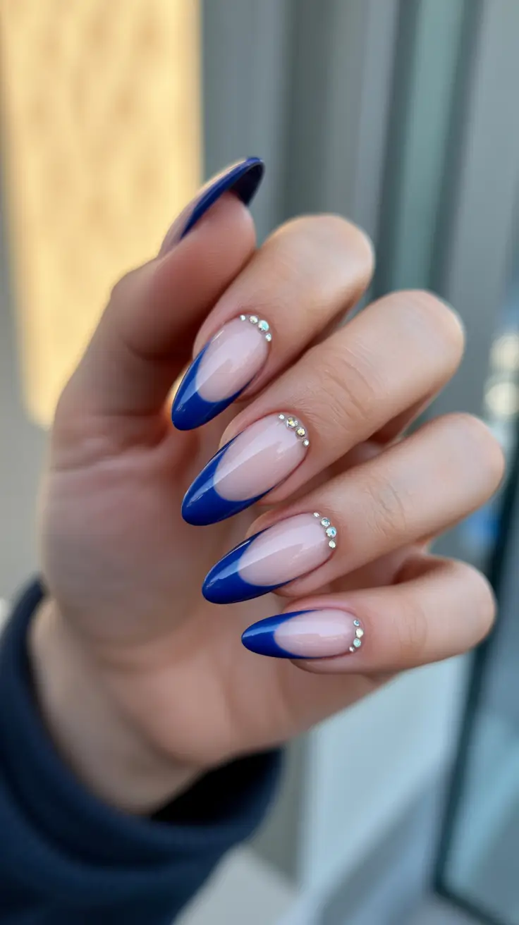 Blue nails trend 2026 Royal Navy French With Crystals
