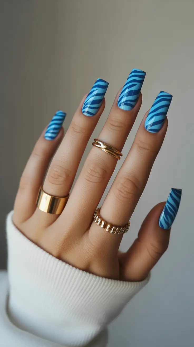 blue nails trend 2026 Striped Sky-Blue Statement Squares