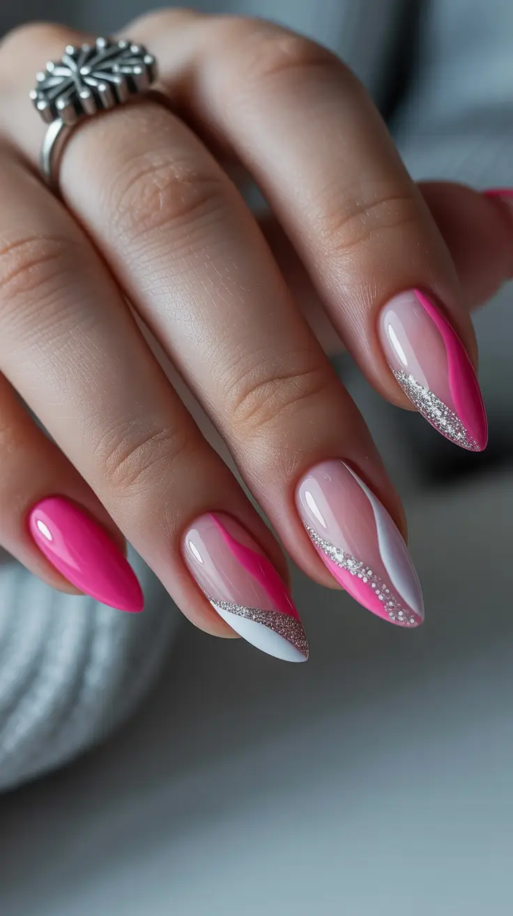 bright pink nails 2026 Angled Pink Waves With Glittered Highlights