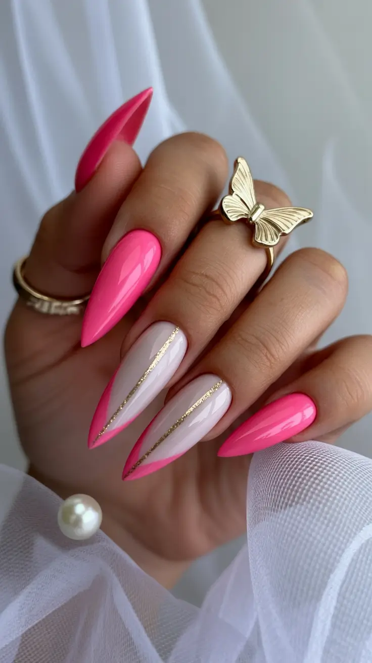 bright pink nails 2026 Hot Pink Stiletto Tips With Golden Minimalist Lines