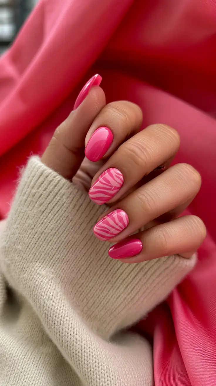 bright pink nails 2026 Bright Pink Zebra Accents With Glossy Oval Finish
