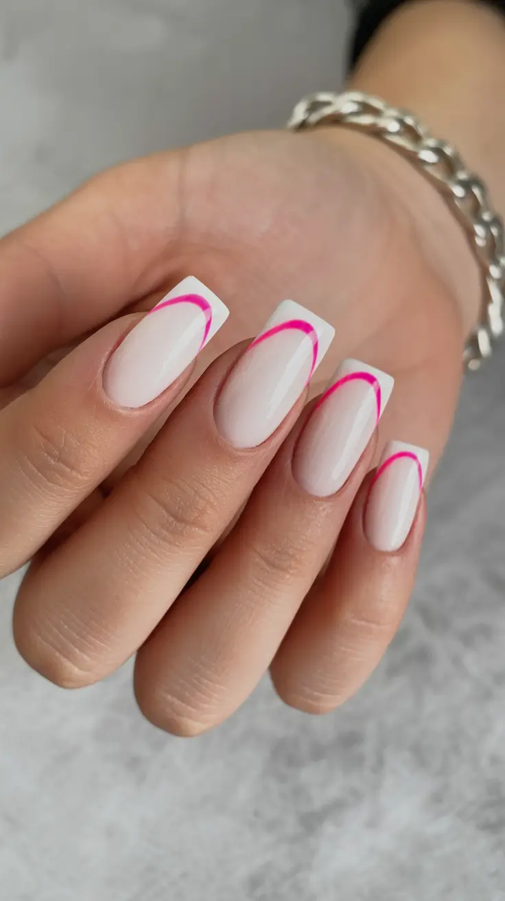 bright pink nails 2026 White Square Tips With Bright Pink Curved Accents