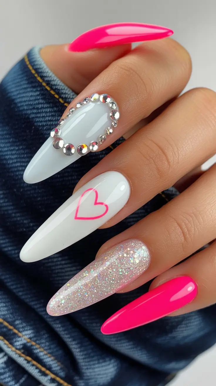 bright pink nails 2026 Statement White and Crystal Mix With Hot Pink Contrast