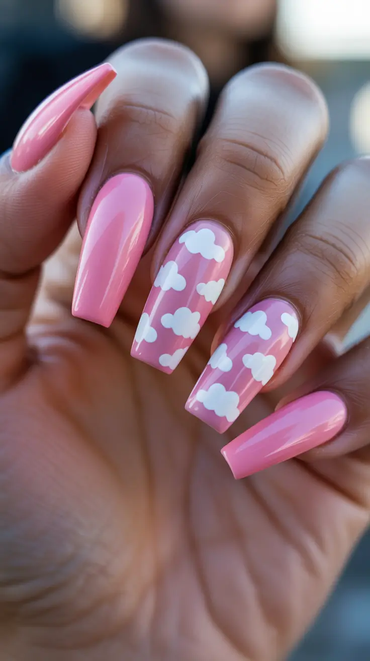 bright pink nails 2026 Pink Sky Nails With Soft White Cloud Accents