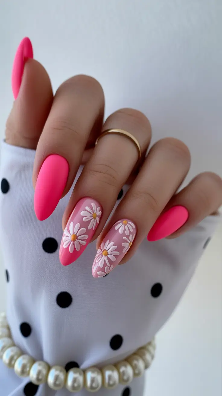 bright pink nails 2026 Matte Hot Pink With Daisy Florals