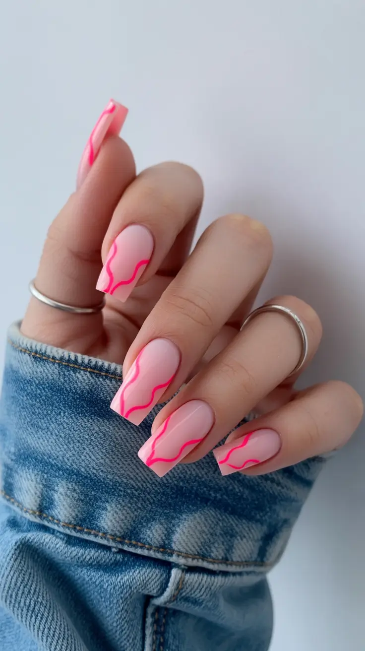bright pink nails 2026 Bright Pink Squiggle Lines on a Soft Blush Base