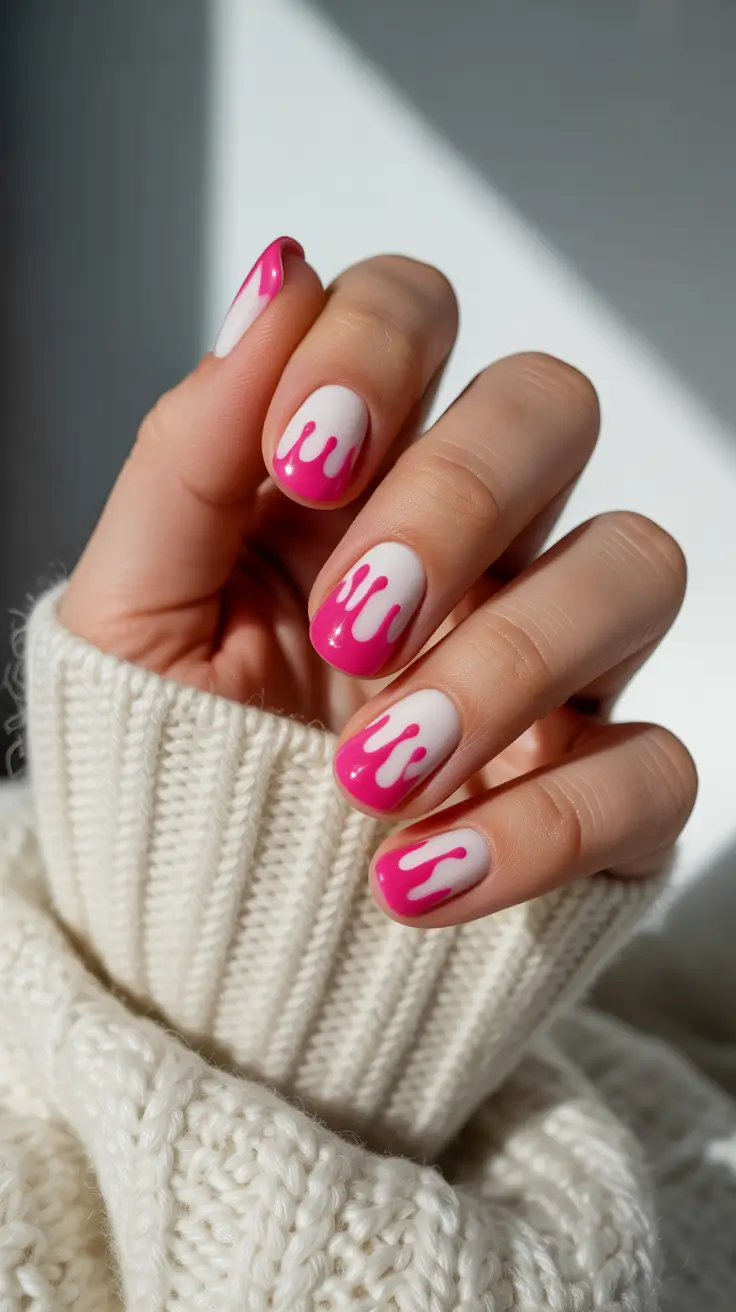 bright pink nails 2026 White Drip Accents with Hot Pink Tips