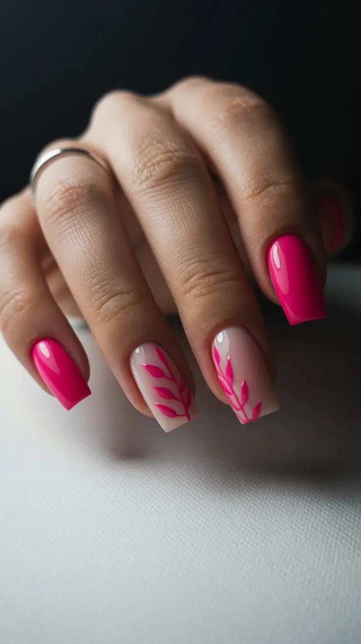 bright pink nails 2026 Botanical Pink Accents on Soft Nude Nails