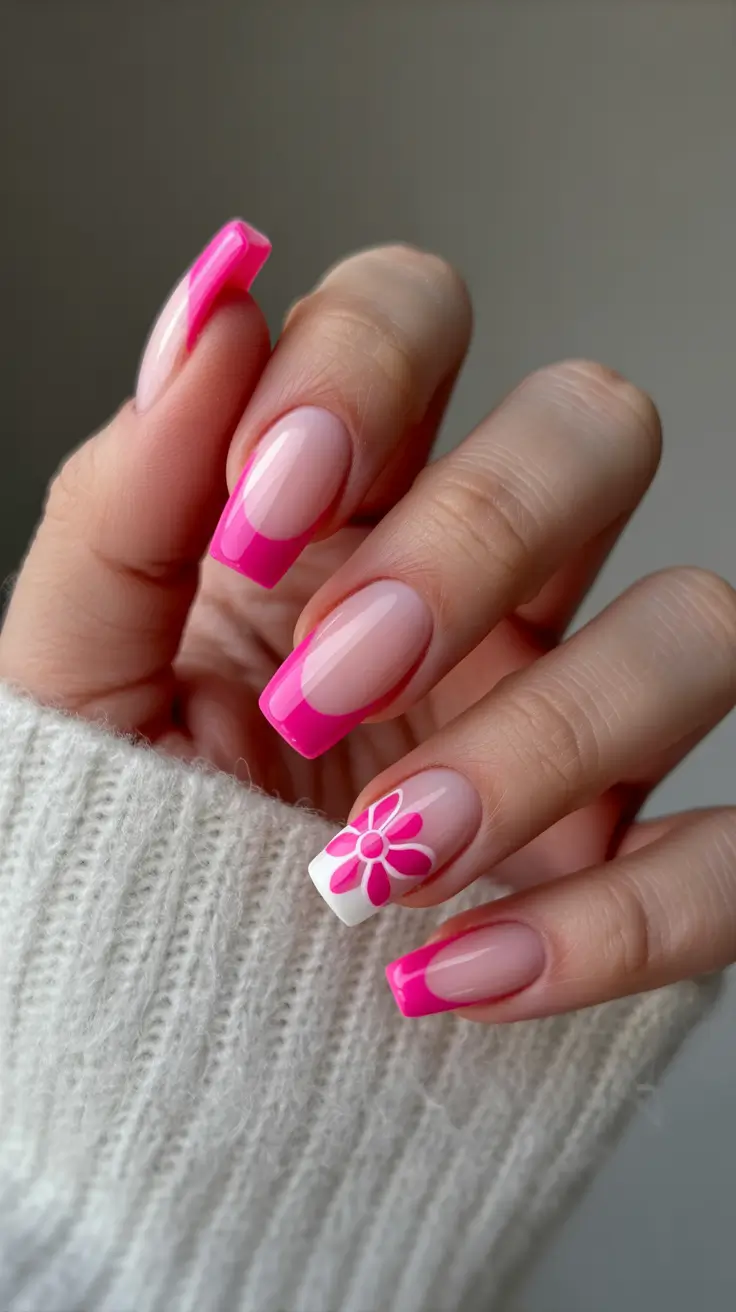 bright pink nails 2026 Bright Pink French Tips With a Bold Retro Flower Accent