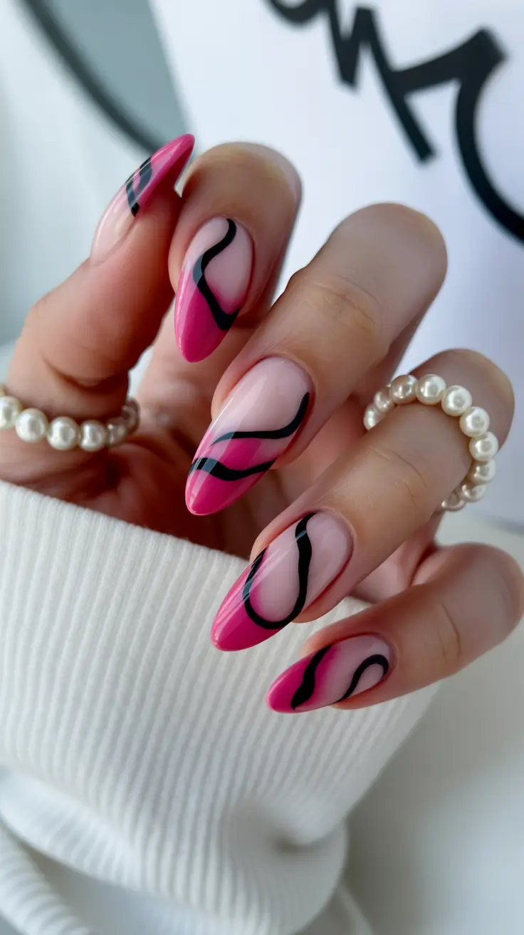 bright pink nails 2026 Hot Pink Almond With Black Streamline Details
