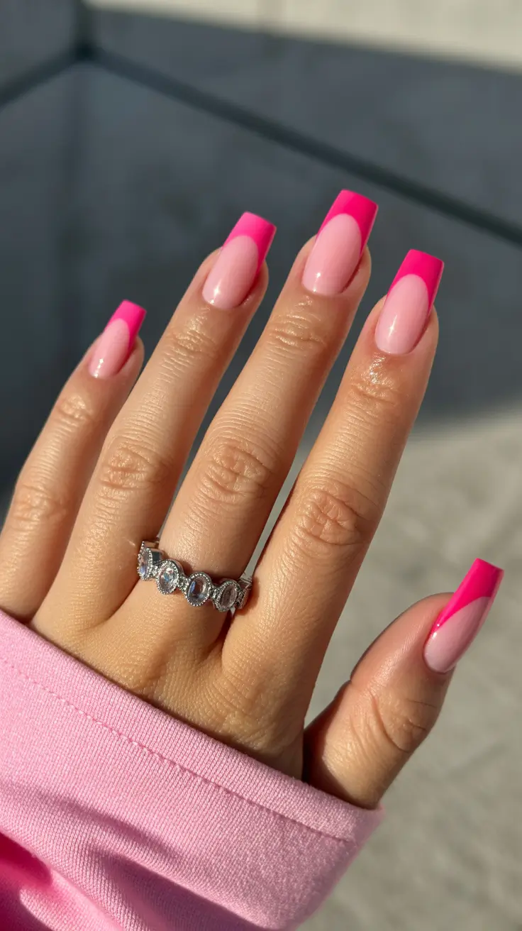 bright pink nails 2026 Bright French Pink With Sculpted Square Tips