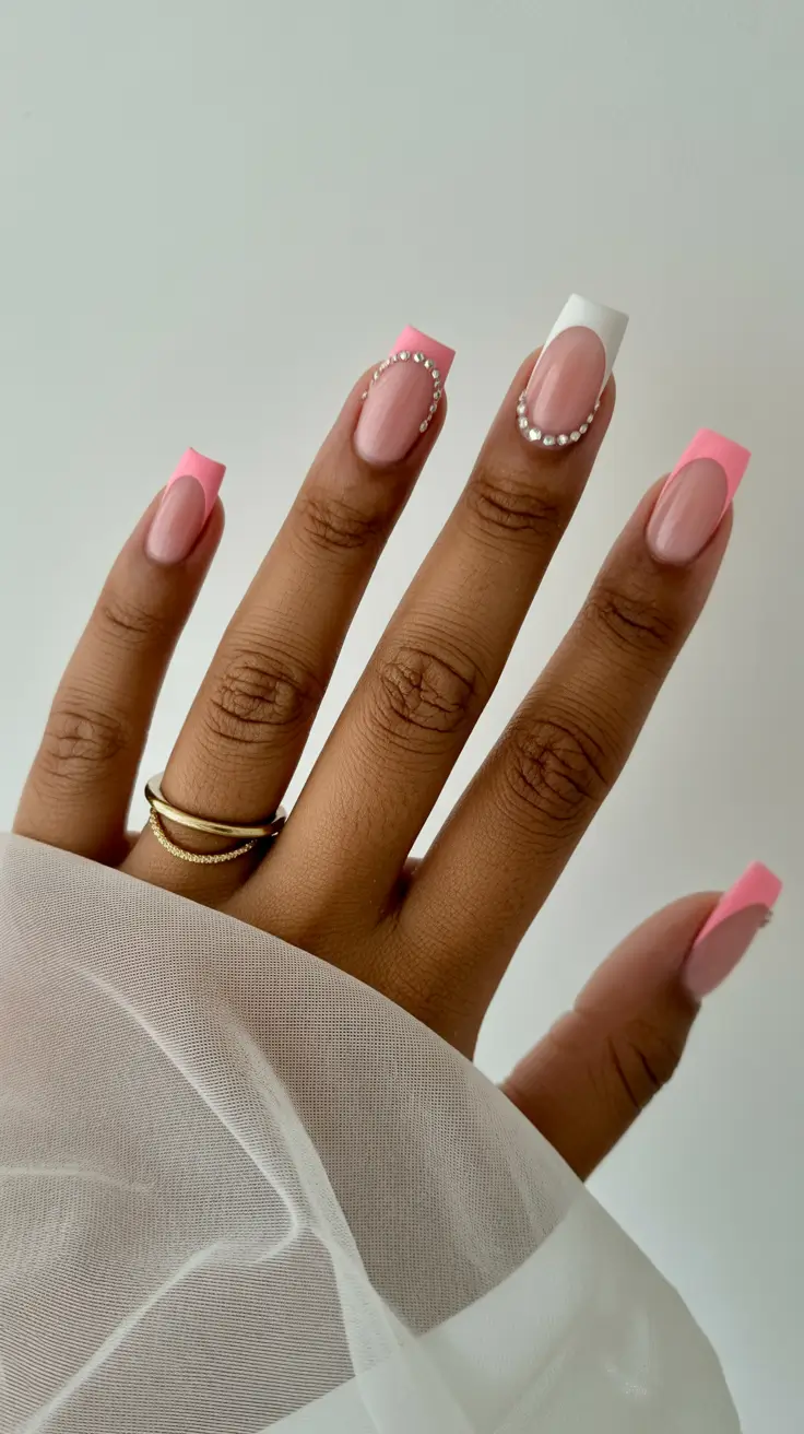 bright pink nails 2026 Pink and White French Mix With Pearled Curves