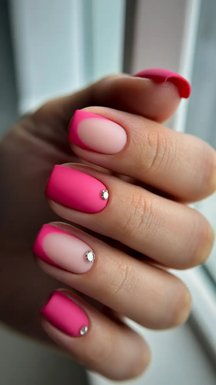 bright pink nails 2026 Matte Hot Pink With Cutout Moons and Crystals