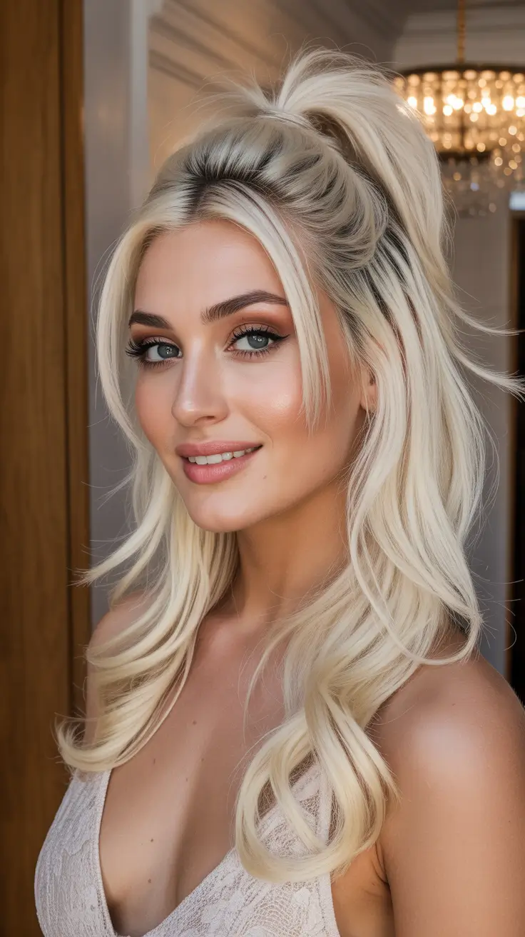 Chic half up half down looks 2026 - Soft Blonde High Half Pony With Face-Framing Layers