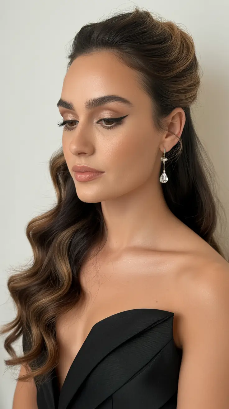 Chic half up half down looks 2026 - Elegant Swept Crown With Sculpted Chocolate Waves