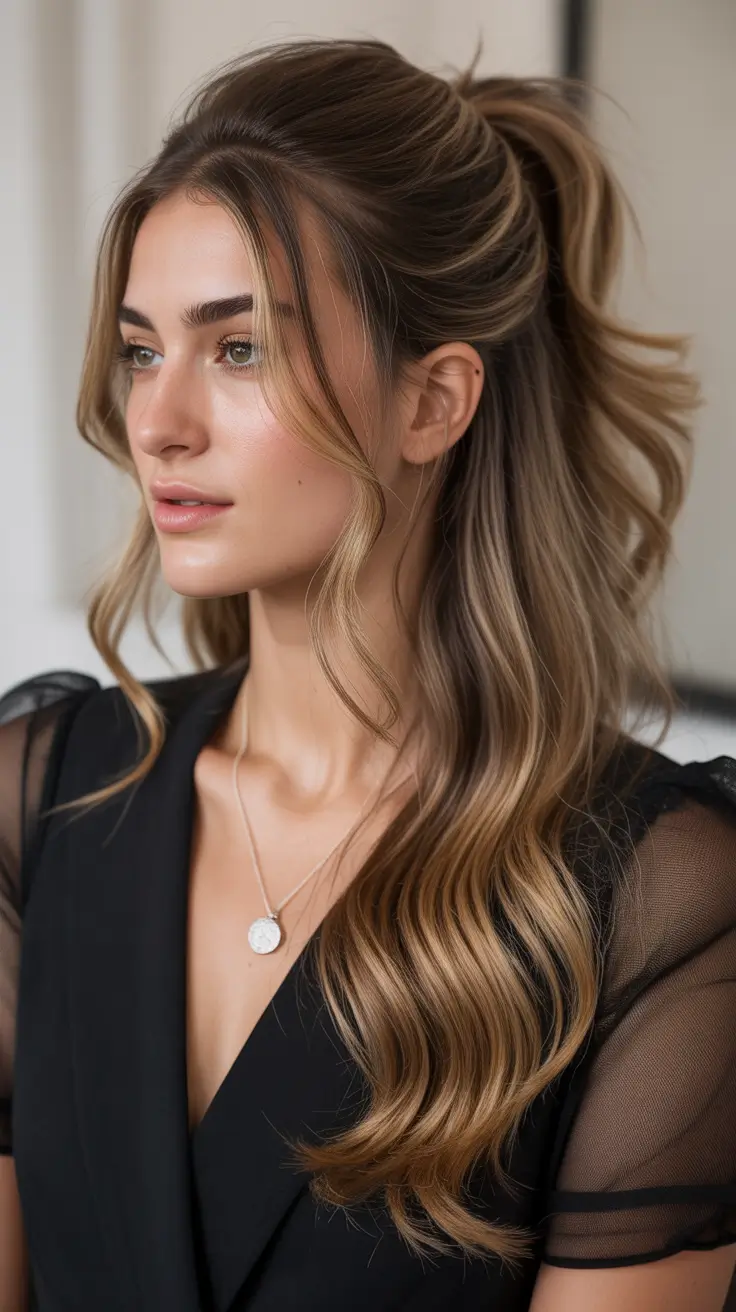 Chic half up half down looks 2026 - Soft Luxe Pony Sweep With Face-Framing Movement