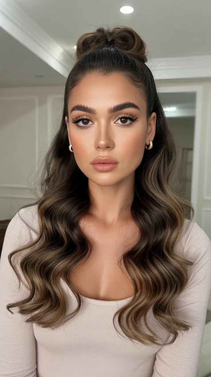 Chic half up half down looks 2026 - Soft Top Knot With Cascading Waves