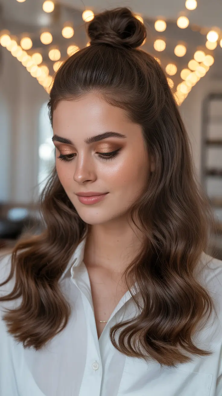 Chic half up half down looks 2026 - Cozy Top Knot Glow With Soft Ripple Waves