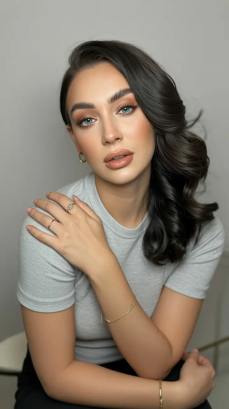 Chic side part hairstyles 2026 Soft glam brunette side part