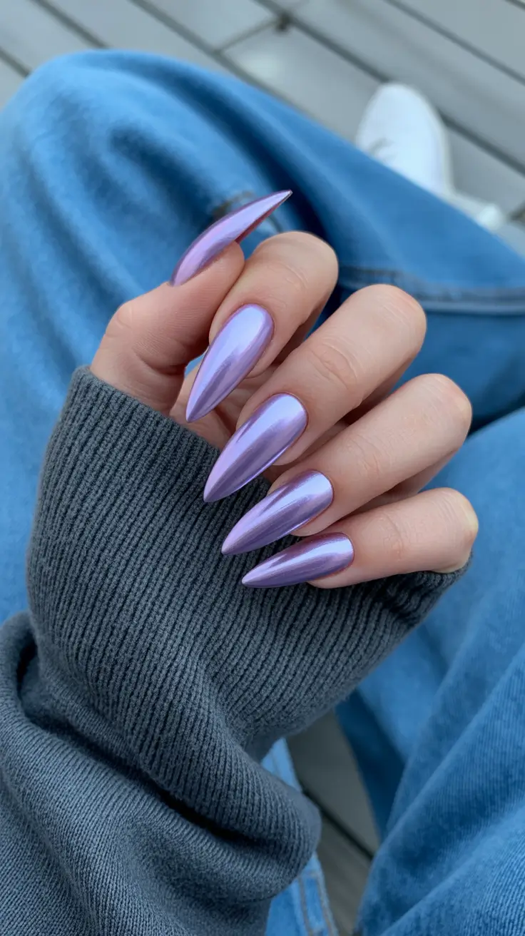 chrome nails trend 2026 Lavender Mirror Shine for a Futuristic Summer