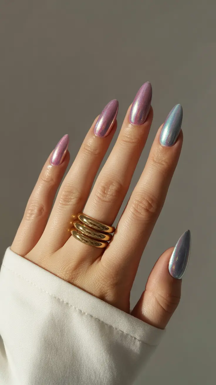 chrome nails trend 2026 Two-Tone Pearl Chrome for a Soft, Dreamy Gradient