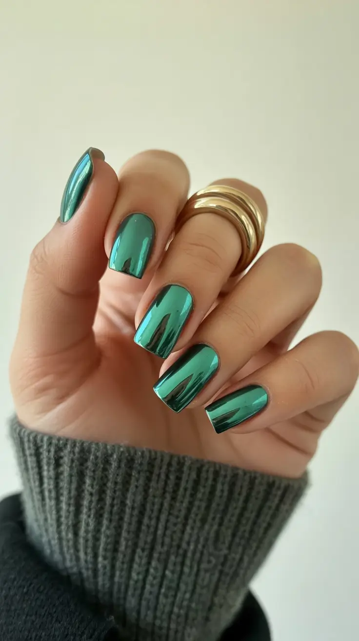 chrome nails trend 2026 Emerald Mirror Chrome for Chic Short Nails