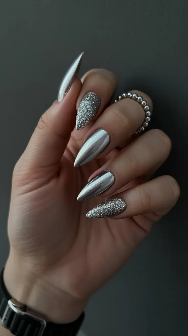 chrome nails trend 2026 Silver Chrome with Textured Glitter for High-Impact Contrast
