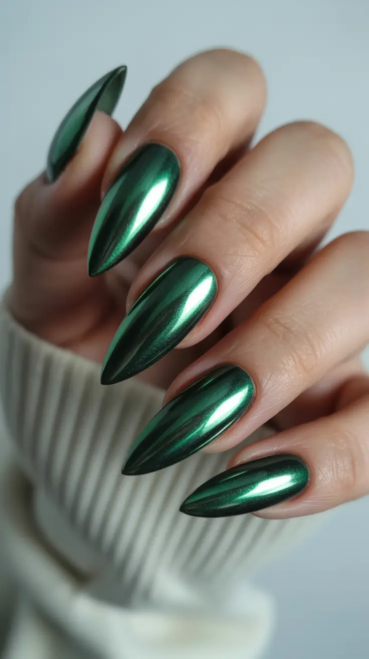 chrome nails trend 2026 Deep Forest Chrome for a Bold Jewel-Toned Moment