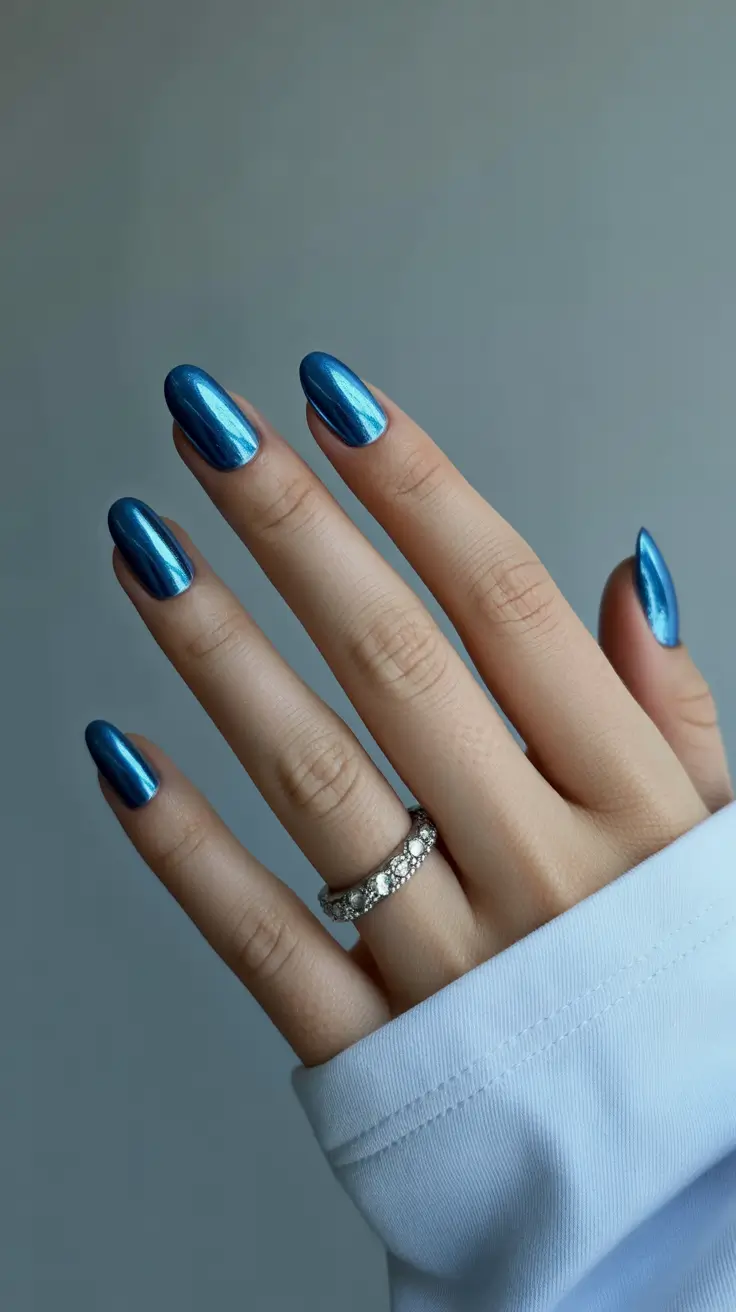 chrome nails trend 2026 Soft Steel Blue Chrome for Understated Radiance