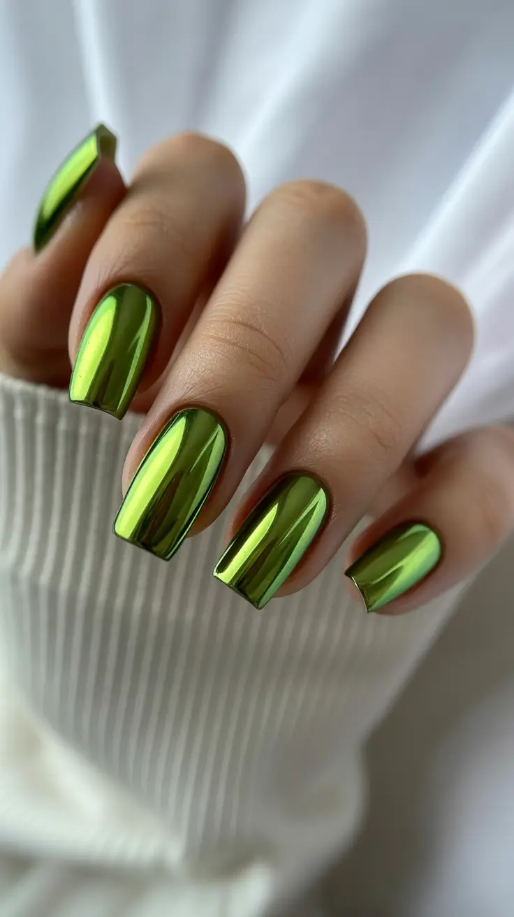 chrome nails trend 2026 Lime Mirror Chrome on Square Nails for a Playful Pop