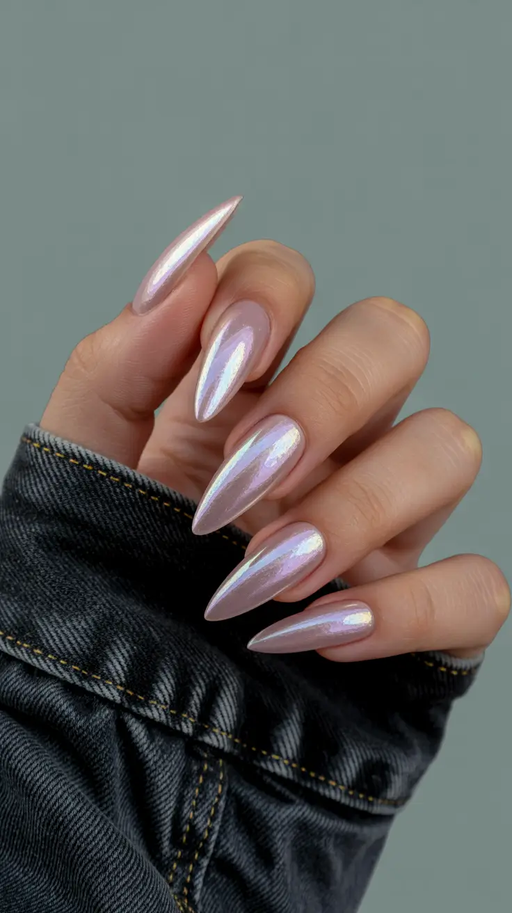 chrome nails trend 2026 Iridescent Shell Chrome with Soft Pink Luminosity