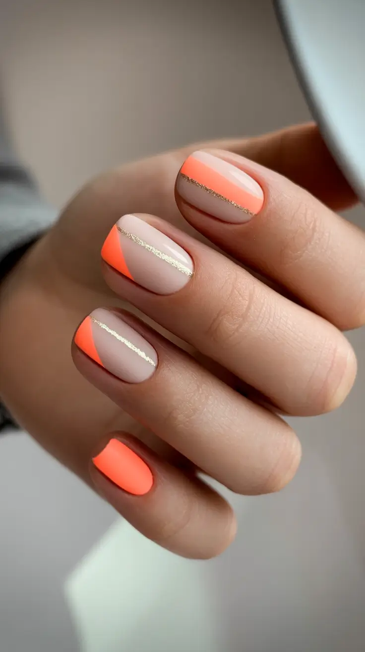 creative short nails 2026 - Sunny Neon Angles With Gold Precision