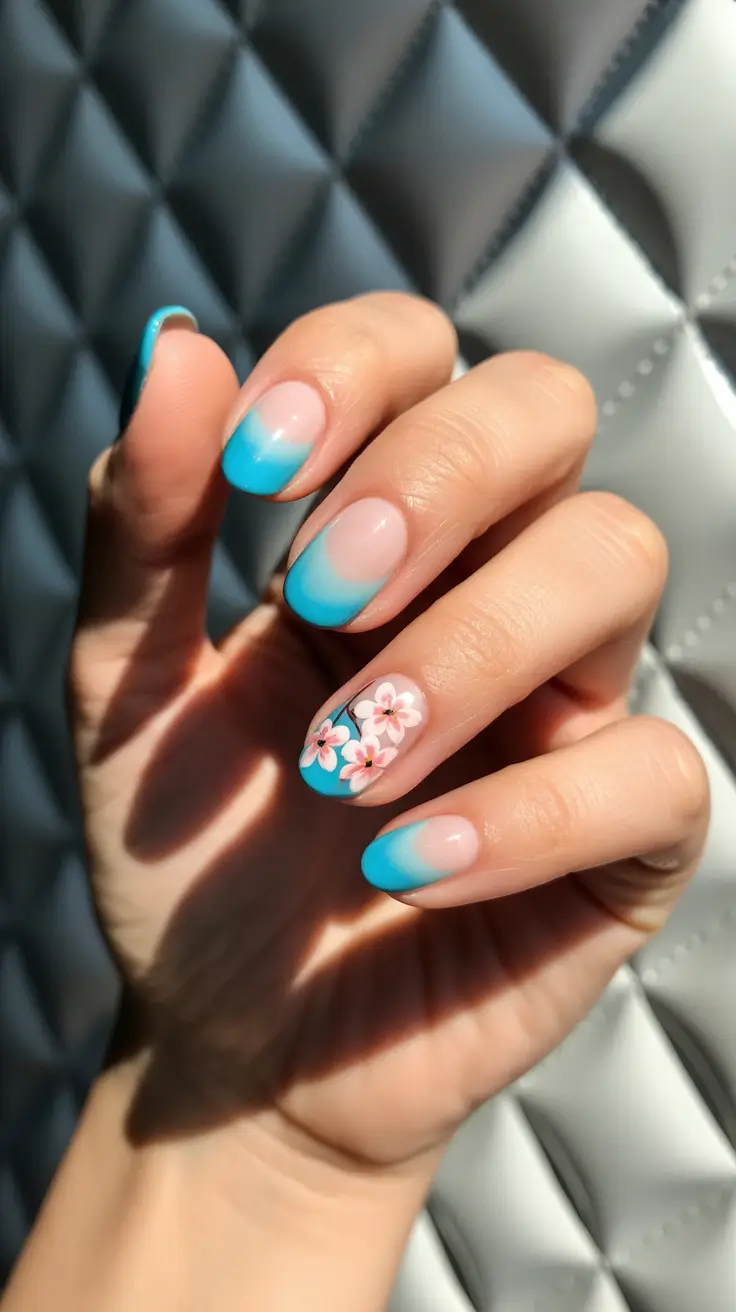 creative short nails 2026 - Sky Blue French Fade With Blossoming Florals