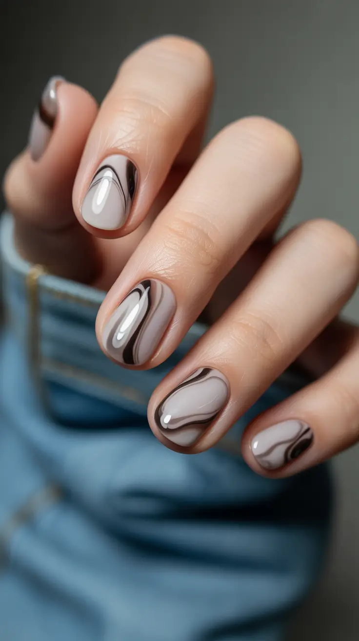 creative short nails 2026 - Smoky Taupe Waves With Neutral Depth