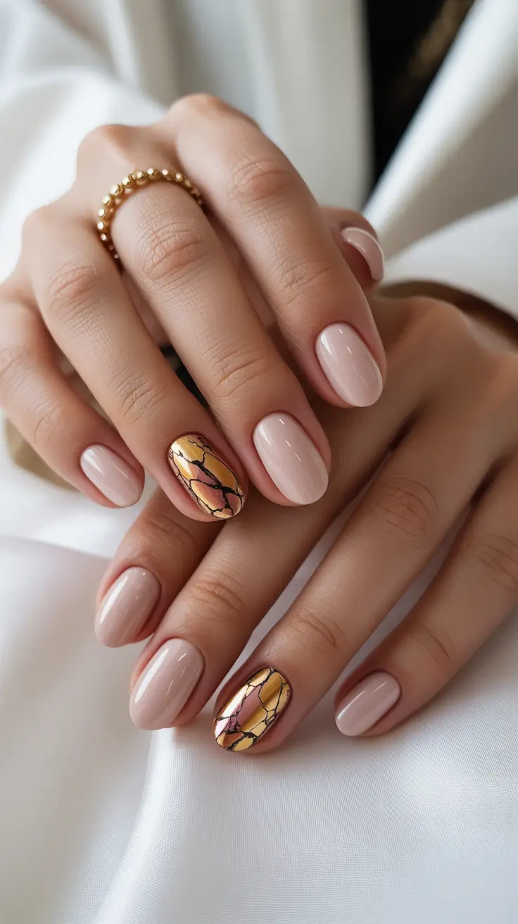 creative short nails 2026 - Gold Foil Cracks on a Blush Nude Base