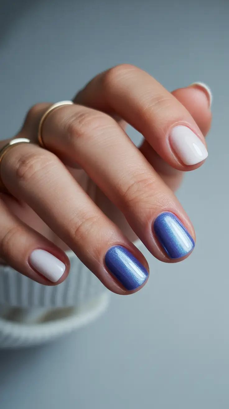 creative short nails 2026 - Shimmering Sapphire and Soft White Duo