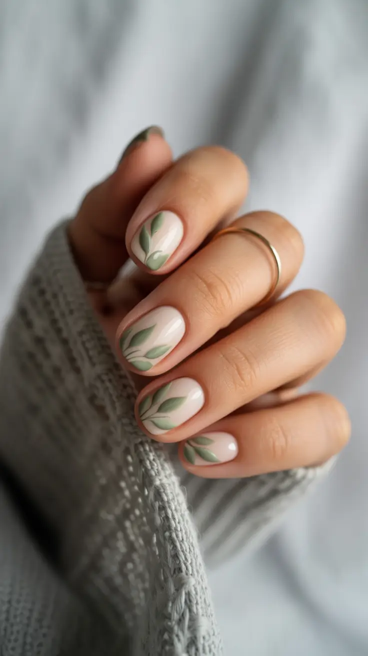 creative short nails 2026 - Soft Botanical Leaves on Milky Nude