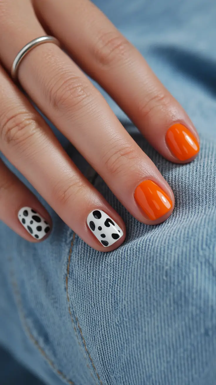 creative short nails 2026 - Bright Tangerine Pop With Dalmatian Accents