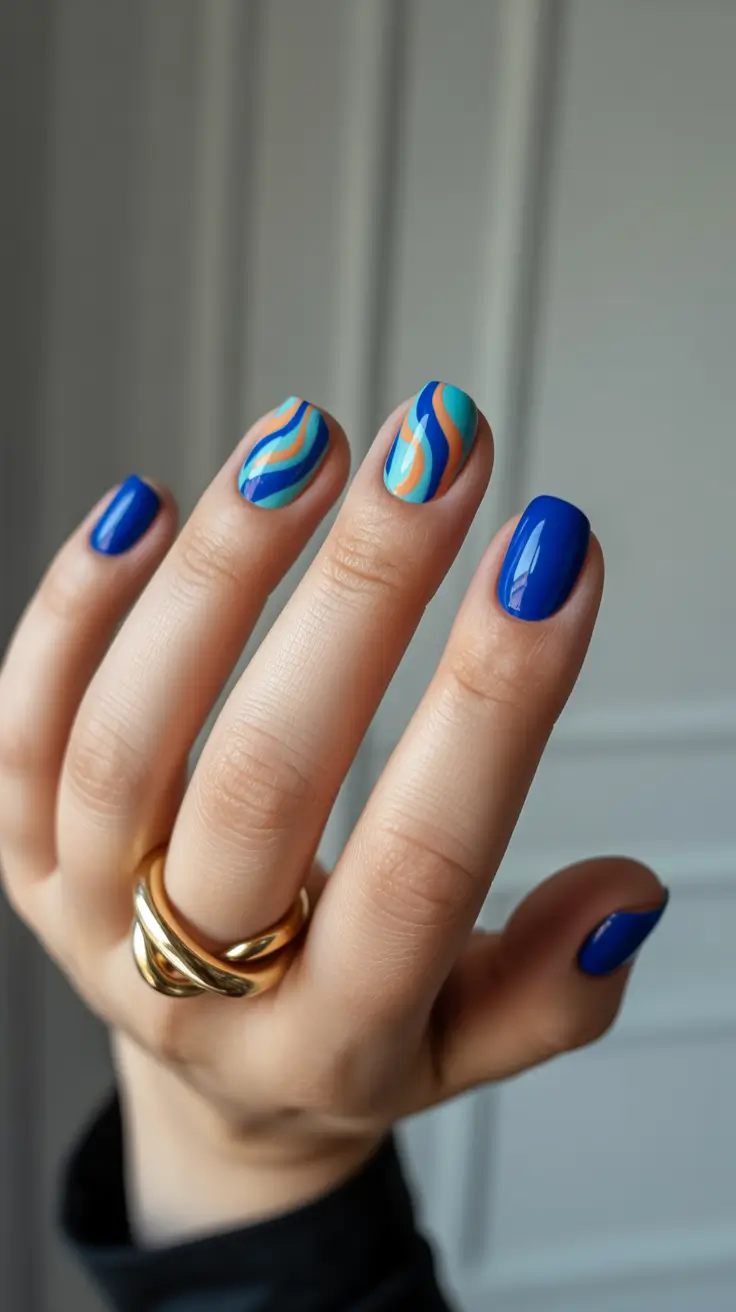 creative short nails 2026 - Ocean Swirls on Bold Cobalt
